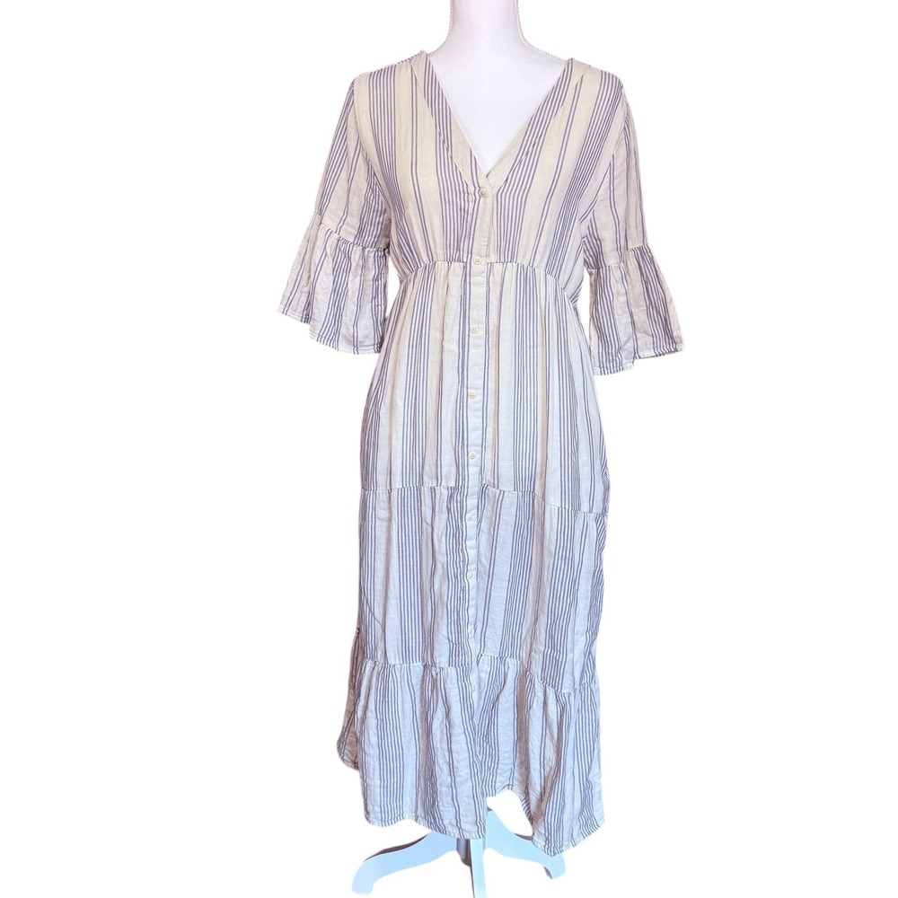 Pact The Coastal Midi Organic Cotton Striped Tiered Dress Bell Sleeve Small